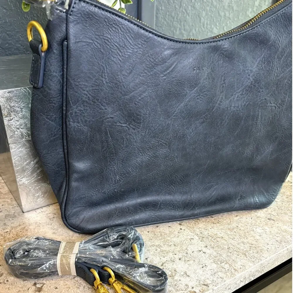 Fawn Vegan Leather Blue Slouch Tote Shoulder Crossbody Weekend Casual Bag NWT